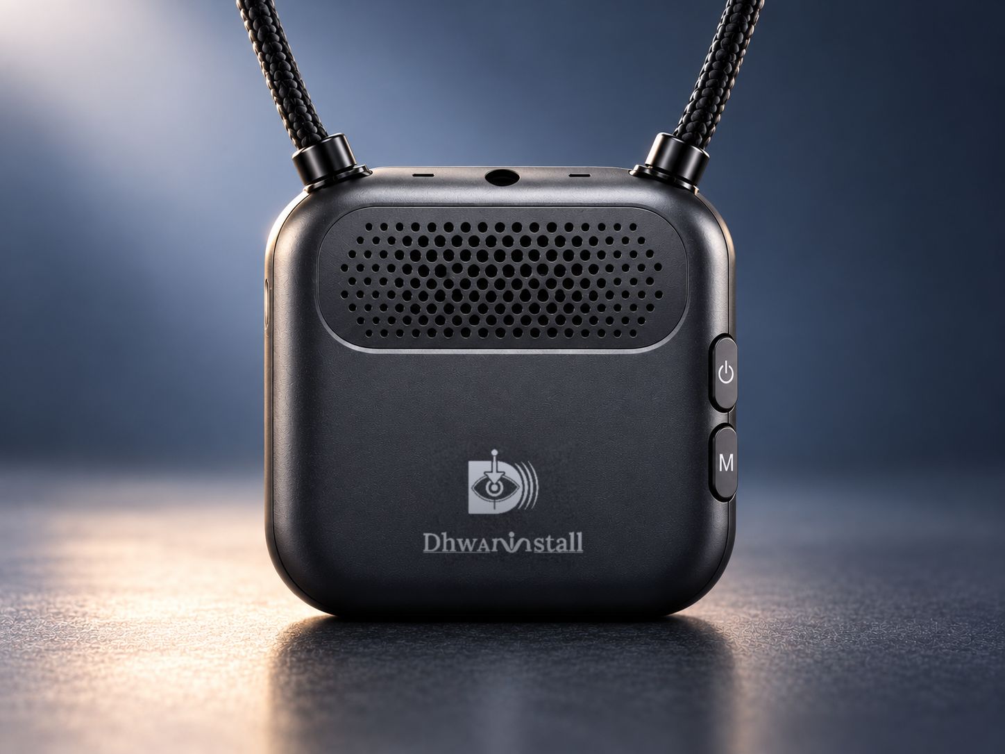 Front view of the Dhwaninstall pendant concept: a rounded square body with a speaker grille, Power and Mode buttons on the side, and the Dhwaninstall mark, hanging from a braided cord.